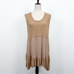 POL Dress Womens L Tan Tunic Babydoll Boho Textured Ruffle Hem Loose Fit Flowy